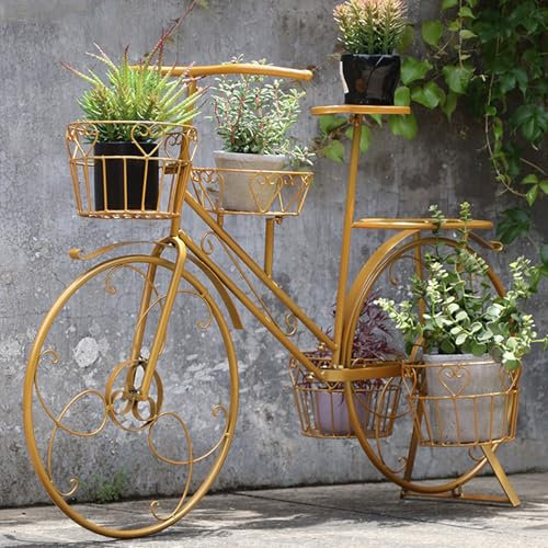 Porte Plante Intérieur Métal, Support de Pot de Fleurs pour Vélo d'extérieur avec 4 Paniers, Support d'affichage pour Plantes en Fer pour Jardin, terrasse décoration,d'or