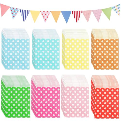 Luckwaii Candy Bar Tüten Butterbrottüten Candy Bar Zubehör Deko, 80 Stück Mitgebsel Tüten mit 12 Wimpelkette Outdoor und 1 Ribbon Papiertüten Bunt für Kindergeburtstag Hochzeit Weihnachten (8 Farben)
