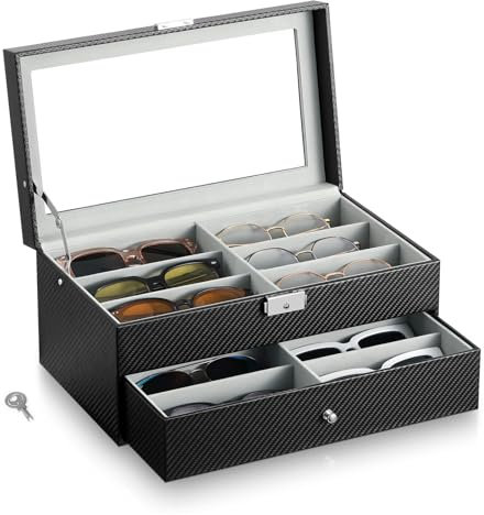 MoKo Sonnenbrillen Aufbewahrung für 12 Brillen, Brillenaufbewahrung Mehrere Brillen mit Sichtfenster Glasbox, Brillenbox mit Schloss für Sonnenbrille Uhren Schmuck, Schwarz