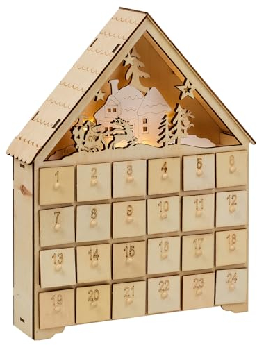 URBNLIVING 3D Wooden Winter Advent Xmas Scene LED Light Date Boxes Reusable Countdown to Christmas Calendar Holiday Tree House Table Decoration for Adult and Kids (Battery Required)