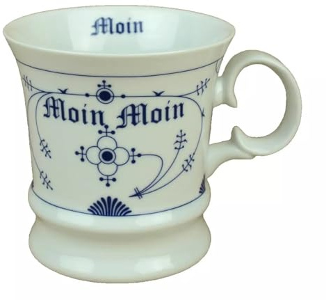 Generisch Porzellan Becher Indisch Blau - Moin Moin - Kapitänsbecher maritim Strohblume 350ml Kaffeebecher