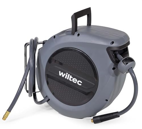 Wiltec Avvolgitubo automatico per aria compressa 20 m, avvolgitubo in acciaio, 17 bar, con supporto girevole a 180°