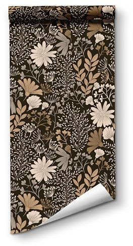Vintage Contact Paper Boho Wallpaper Leaf Wallpaper Peel and Stick Brown&Black White Floral Wallpaper 17.7in x 118.1in Waterproof Self Adhesive Botanical Wall Paper for Bedroom Cabinet Decor