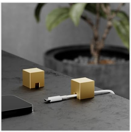 (2 PCS - Gold) Metal Cable Holder, Weighted Cord Organiser or Management, Heavy Wire Keeper for Bedside Table, Nightstand, Desk - N2U Cube Cables Strap for Phone USB-C, Lightning Charger Cords