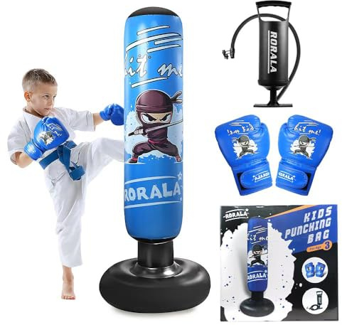 RORALA Inflatable Punching Bag for Kids with Boxing Gloves and Manual Air Pump, 66 Inch Children's Boxing Bag Set for Boys and Girls Gift Aged 3 to 12 to Practice Karate, Taekwondo
