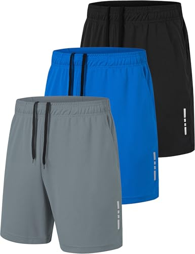 xtuwkzo Short de Sport Homme Séchage Rapide Bermuda Short Course a Pied Homme Running Gym Basketball Tennis Sportsear Bermudas avec Poches, Noir/Gris Foncé/Bleu Marine XL