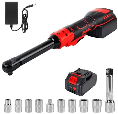 Gotrain Kit de clé à cliquet sans fil 21 V 3/8 80 N · m, cliquet électrique à vitesse variable, batterie 2,0 Ah et chargeur, 8 douilles, adaptateur 6,35 mm, barre d'extension de 7,6 cm, lumière LED