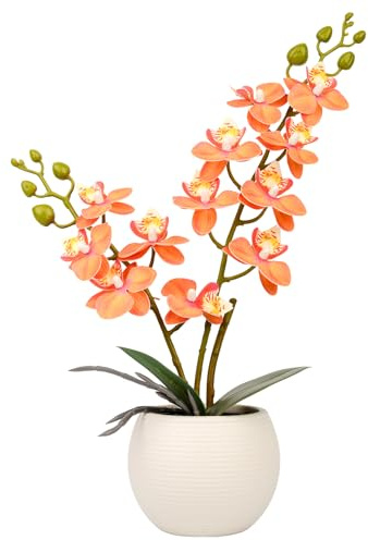 Joyerace Orange Artificial Orchid Flower Potted in White Pot for Fall Decor | Realistic 3D Printing, Bendable wired stem, Maintenance-free, Versatile Decor, Housewarming Gift