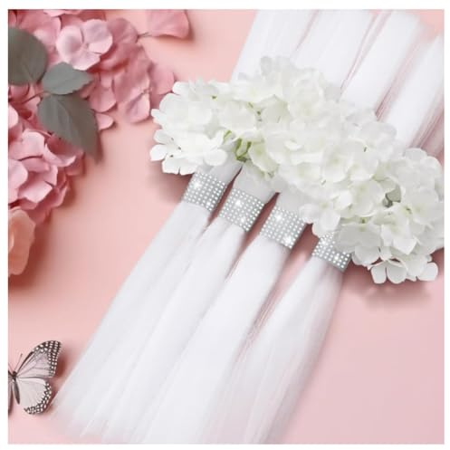 Hrlace Hochzeit Gang Dekorationen für Zeremonie Hochzeitsstuhl Kirchendekorationen Langen Tüllschwänzen mit Strass-Wickel und Blumen für Hochzeiten Bank Brautparty Kirchenbänke Weiße Hortensie 24 Set