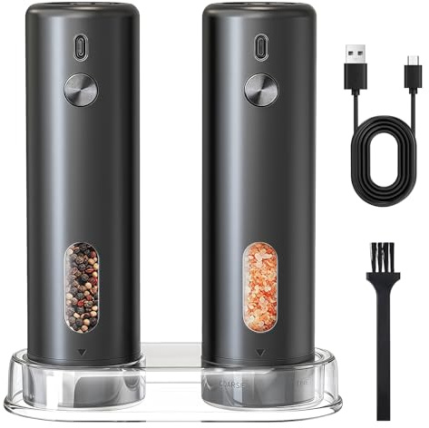 Macinapepe elettrico per sale e pepe, 2 pezzi, con capacità 110 ml, macinaspezie elettrico, esterno regolabile, funzionamento con una sola mano, colore nero