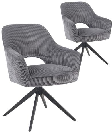 DUBI Möbel Esszimmerstühle 2er Set 360° drehbar mit Taschenfederkern, hoher Sitzkomfort, bis 150 kg belastbar, Cord-Stoff Grau, Robustes Metall-Kreuzgestell, Zeitloses Design, Modell Mika-Nils