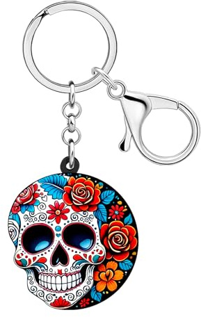 DUOWEI Effrayant Jour des Morts Mexicain Tête de Sucre Porte-clés Porte-clés Halloween Cadeaux pour Femmes Filles Clés de Voiture Sacs Accessoires
