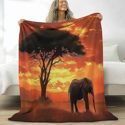 Kuscheldecke 180 x 200 cm Weich Decke Afrika Sonnenuntergang Albizzia-Baum Elefanten Flanelldecke Wohndecke, Orange Farbe Mikrofaser Sofadecke Für Kinder Erwachsene Warm Bequem Fleecedecke