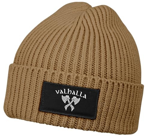 Neverless® Herren Beanie Wintermütze Patch Valhalla Viking Axt Nordische Mythologie Odin Print Streetstyle Strickmütze Rippstrick