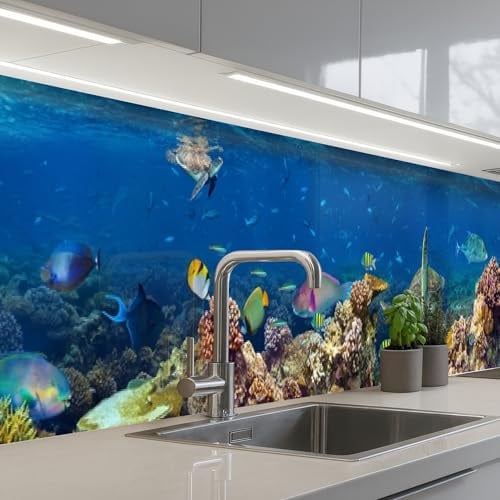 KitchenYeah© Spritzschutz Küche Küchen Rückwand Küchendeko Wand Wandschutz | 60x500 cm - Selbstklebend Backsplash Kitchen Peel And Stick Unterwasserlandschaft - Fische - Schildkröte - Blau