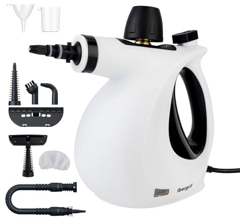 Ibergrif Limpiador de vapor portátil 1050W con 9 accesorios | 3 Bar de presión, sin químicos, para sofás, cocina, juntas y ventanas, 350ml, blanco