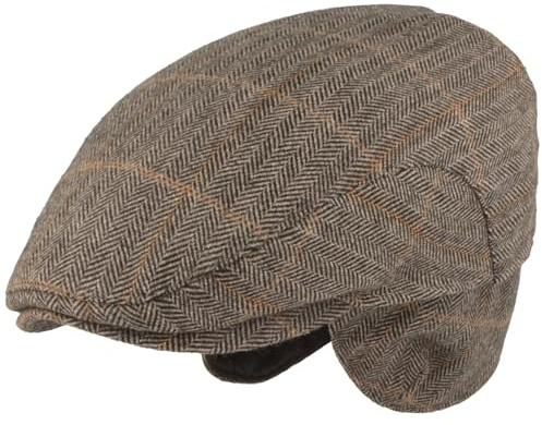 Breiter Casquette plate d'hiver pour homme avec cache-oreilles - 100 % laine - Avec protection des oreilles rabattable - Doux pour la peau et confortable, chevrons gris, 57
