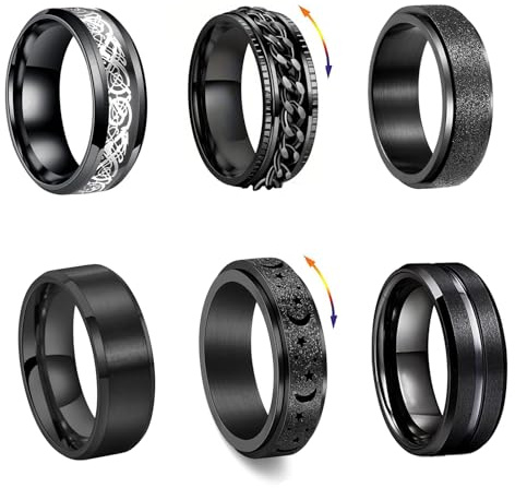 FOSLXIN 6 Stück Edelstahl Ringe Herren, Fidget Ring Herren Spinner Ring, Flaschenöffner Ringe, Ehering Verlobungsringe, Edelstahl Spinnere Ring Set für Männer Frauen (Schwarz, 10)