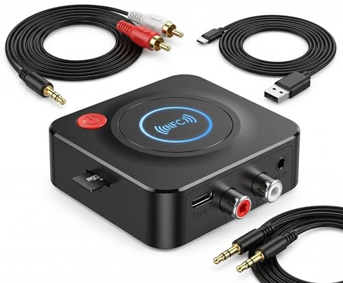 C52 Récepteur Bluetooth 5.1 NFC, Adaptateur Audio RCA Jack 3,5 mm Hi-FI | Lecture carte TF, connexion stable et faible latence pour chaîne Hi-Fi, enceinte, autoradio, smartphone et tablette.