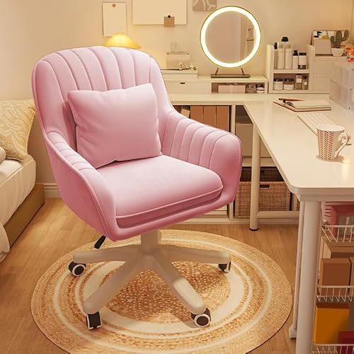 XUEGW Home Office Chair Computer Chair with Mid-Back Upholstered Modern Tufted Computer Task Chair Swivel Height Adjustable Velvet Accent Chair(Pink).