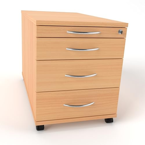 Rheinland Möbel Rollcontainer CADI 43×80×51 cm – abschließbarer Bürocontainer in Buche mit Orga- & 3 Universal-Schubladen, Metall-Bogengriff