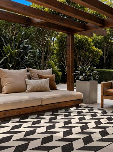 Ted Baker Flachgewebe Teppich Terrick - Wendeteppich Outdoor geeignet, Pflegeleichter Wohnzimmerteppich, Modern, Zigzag Muster für Wohnzimmer, Terrasse, Esszimmer, Balkon - Schwarz Weiß, 160x230 cm