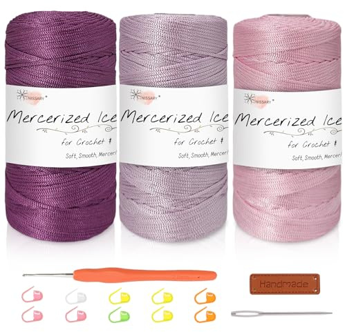 Nissary Makramee Häkelgarn 1.5mm 2x100g Set - 2.5mm Häkelnadel + Zubehör für Taschen Häkeln, Sommer Strickerei & Eisiges Gefühl Lila-Serie