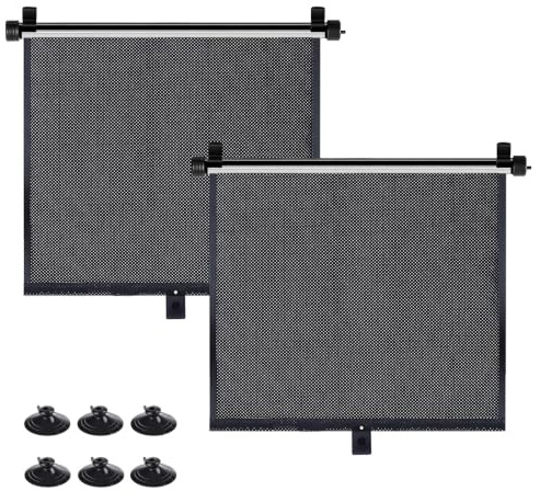 2 Stück Sonnenrollo Auto Seitenscheibe Universelle 50×50cm, Einziehbarer Sonnenschutz Auto PVC UV Schutz Sonnenschutz Hinten Rollfunktion Sonnenblende für Seitenfenster (Schwarz)