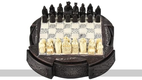 Isle of Lewis Compact Chess Set - 9 inches with Circular Cabinet (Brown Cabinet)