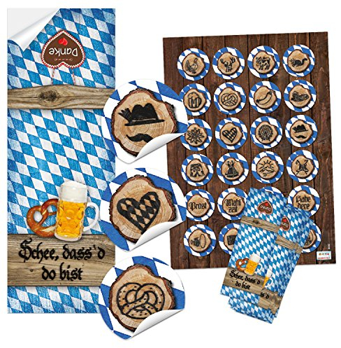 Logbuch-Verlag bayerische Sticker Set 25 Schön, dass du da bist Aufkleber + 24 Bayern Motive Bier Breze Dirndl Oktoberfest Geschenkaufkleber blau weiß