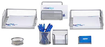 Relaxdays Schreibtisch Organizer Set, 7-teilig, Metall, Schreibtisch-Set, Briefablage, Zettelbox, Stifteköcher, silber, 35.5 x 27.5 x 9 cm