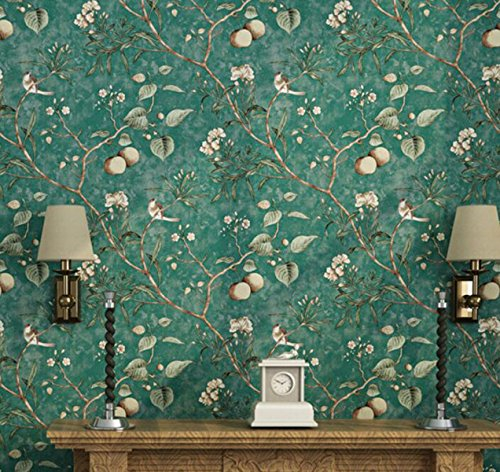 CCFENG PVC-Tapete Vintage Alten Vogel Tapete Muster Schlafzimmer Wohnzimmer Hintergrund Vliestapete Pastoralen Tapeten High-End-Aufkleber,DarkGreen