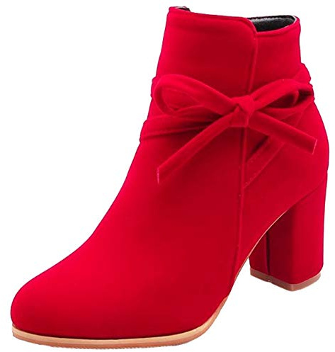 Onewus Damen Stiefeletten mit Blockabsatz und Schleife Reißverschluss | 7 cm Blockabsatz; Spitze Zehenpartie; Wildleder-Optik; Gepolsterte Innensohle; Herbst/Winter