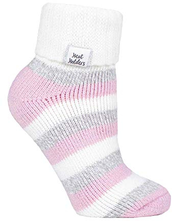 HEAT HOLDERS - Ladies Thick Soft Cute Fleece Lined Low Cut Ankle Winter Thermal Sleep Socks (4-8 uk, Cream/Light Pink (S Rib))