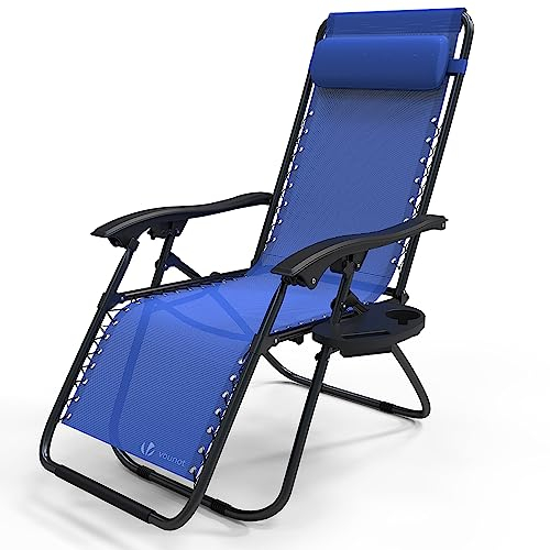 vounot Chaise Longue inclinable avec Support de Gobelet Amovible Chaise de Jardin Pliable en Textilène Chaise Longue avec Rembourrage de Tête Charge Max 120KG Fauteuil Relax Bleu