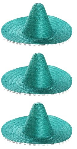 Sombreros mexicanos para adultos, paquete de 3 sombreros de paja verde con bordes de pompón, accesorio de disfraz del Cinco de Mayo de México