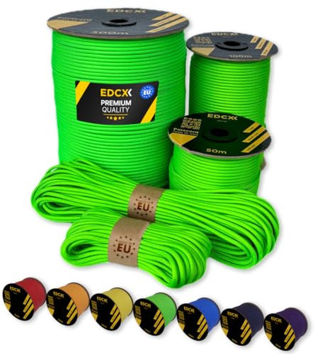 EdcX Paracord 4 mm, 35+ Volltonfarben (10 m, 15 m, 30 m, 50 m, 100 m, 300 m) | Ideal zum Basteln, Camping, Outdoor | 100% Nylonseil 4 mm| Taktische Schnur 550 Typ III (Neon Green, 50 m)