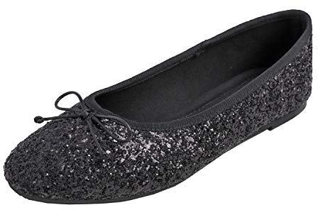 Feversole Women's Macaroon Shiny Memory Foam Cushion Insock Glitter Around Toe Ballet Flat Pumps Glitter Black 5.5