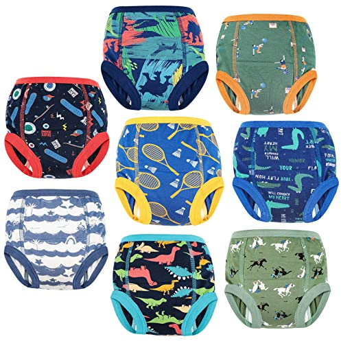 FLYISH DIRECT Boys Potty Training Pants Cotton, Reusable Potty Training Underwear for Toddlers, 8 Pairs, 2 Years, Blue Dinosaur