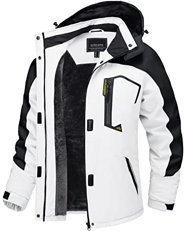 TACVASEN Dame Snowboardjacke Winter Wandern Übergangsjacke Arbeitsjacke Hiking Outdoor Jacken Gefüttert mit Kapuze und Taschen, Weiß-schwarz, S