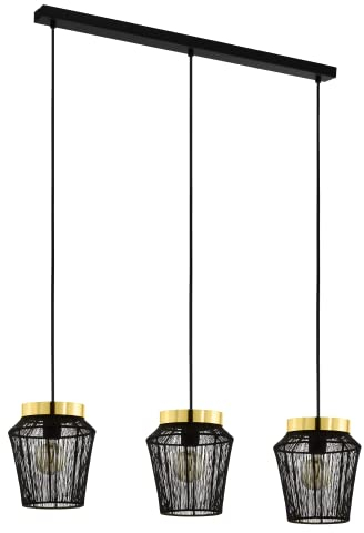 EGLO Pendelleuchte Escandidos, 3 flammige Hängelampe, Hängeleuchte aus Metall in Schwarz, Messing-Gebürstet, Esstischlampe, Wohnzimmerlampe hängend mit E27 Fassung