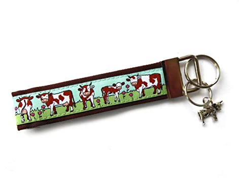 GaHiBu Schlüsselanhänger Schlüsselband Kühe aus Baumwollstoff und Webband (braun-weiße Kühe, mit Kuh-Anhänger)