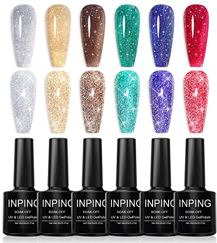 INPING Smalto Semipermanente Riflettente Glitter, 6 Colori Verde Rosa Argento Rosso Smalto Semipermanente Unghie Soak Off UV/LED Lampada Nail Art Nail Polish Set, 8ml