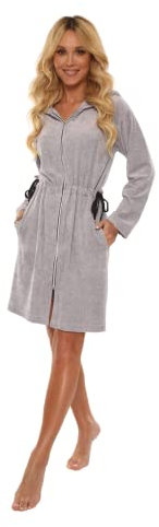 FOREX Lingerie kuscheliger und moderner Damen Bademantel, mit Reißverschluss, Kapuze & Taschen, made in EU, hellgrau-meliert, Gr. L