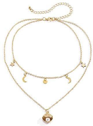 Mesnt Choker Halskette, Layering Kette Stern- und Mondquaste Geschichtete Halskette Schmuck für Sie Freundin Muttertags Jubiläum Weihnachten Valentinstag Geburtstagsgeschenke, 2 Schicht, Gold