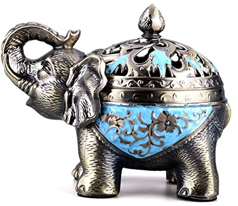 K COOL Metall Rückfluss Räucherstäbchenhalter Elefant Kegel Räuchergefäß Kerzenhalter mit Deckel, Aromatherapie Ornament Home Office Dekoration für Indoor Outdoor (Hellblau)