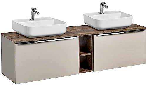 Lomadox Badezimmermöbel Doppel Waschtisch Unterschrank Set 180cm, Taupe mit Vintage Oak Eiche, 2 Keramik Aufsatz-Waschbecken, Softclose-Schubkästen, Regal