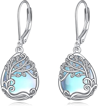 Mondstein Baum des Lebens Ohrringe für Damen 925 Sterling Silber Lebensbaum Tropfen Ohrringe Leverback Schmuck Geschenke (B-Mondstein Baum des Lebens)