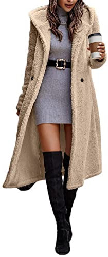 Onsoyours Damen Teddy Fleece Mantel Lang Warm Cardigan Parka Winterjacke Kapuzenjacke Plüschjacke Fleecejacke mit Kapuze und Taschen A Aprikose S