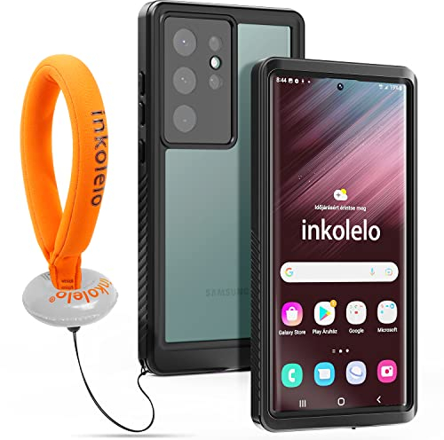 Custodia Impermeabile Galaxy S23 Ultra IP68 Waterproof Protettiva Caso Cover Protezione Antiurto Subacquea Custodie con [Cinturino Galleggiante] per Samsung S23 Ultra 6.8inch (nero opaco/arancione)